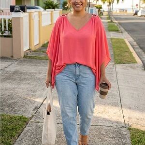 Michael Kors Pink V-Neck Blouse with Tortoise Look Ring Details